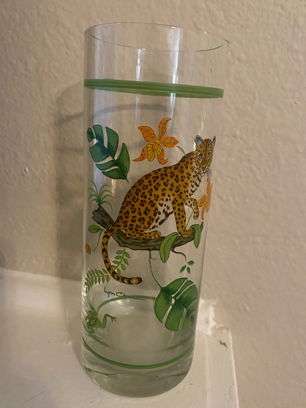 Lynn Chase. Decorative Jaguar Jungle Drinking Tumbler Glass. NWOT.
